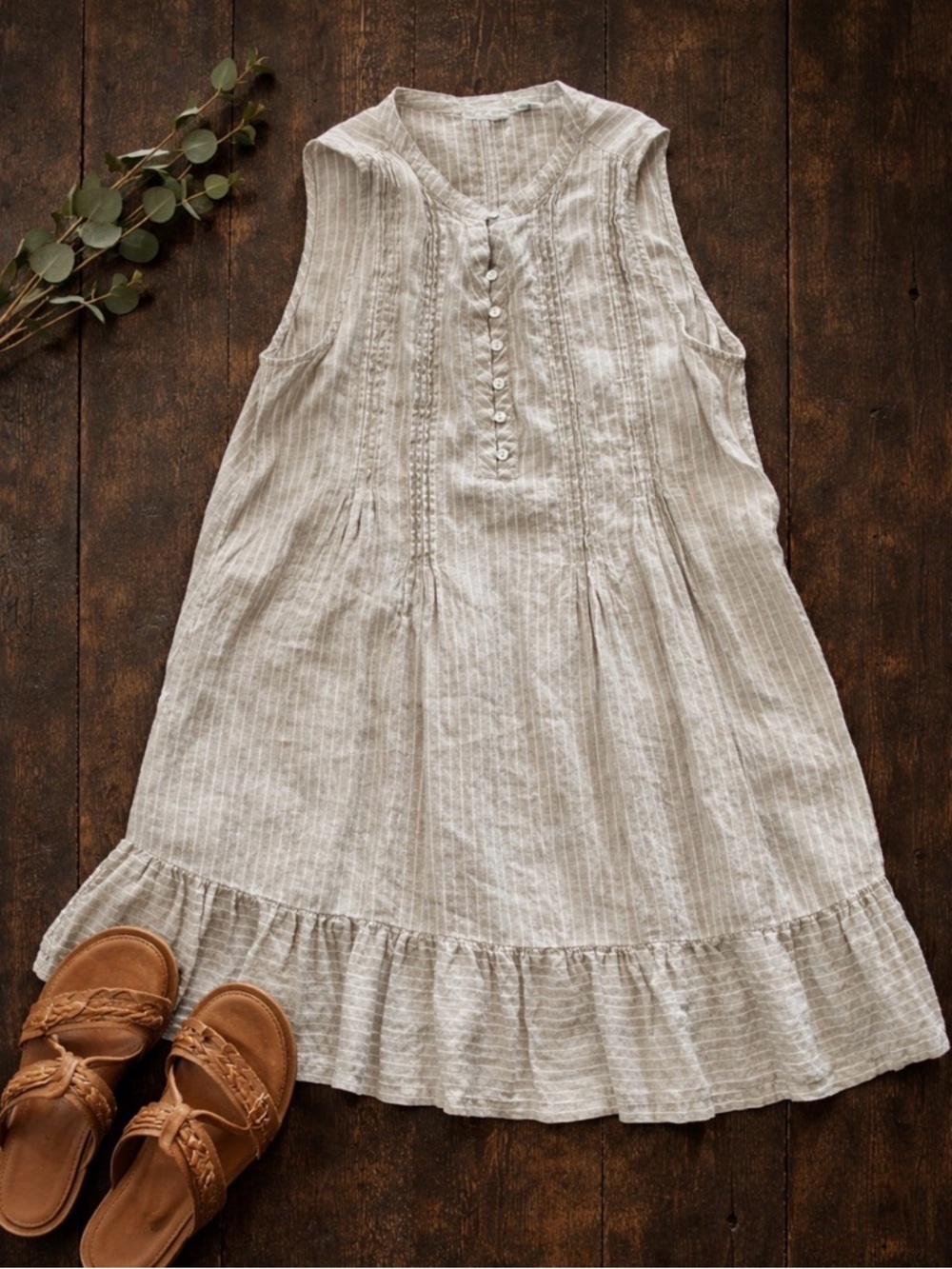 Lucky Brand Linen Cream Striped Ruffle-Hem A-Line Dress